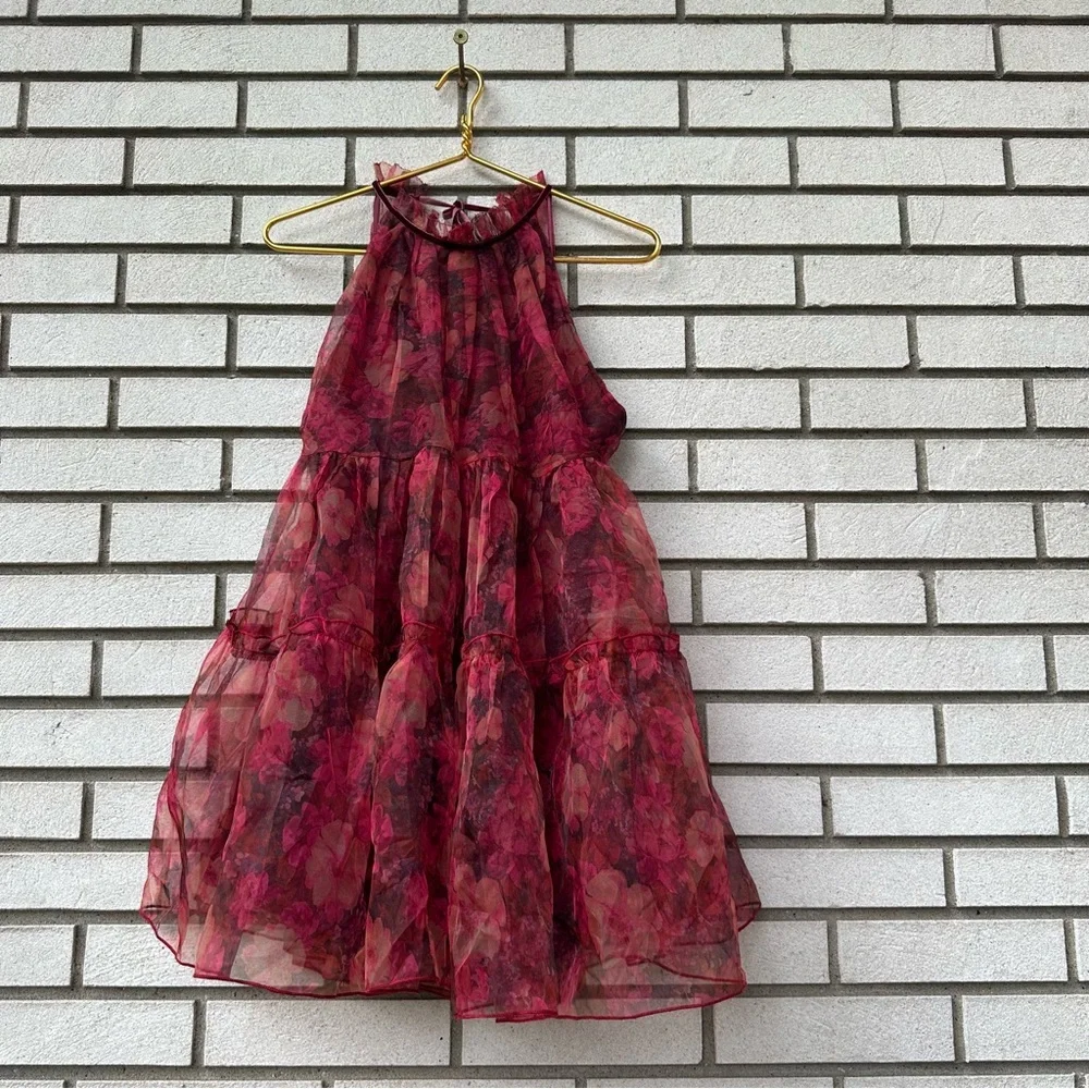 VICI Tiny Dancer Red Floral Tiered Mini Dress Halter Neck Open Back Size Small - Picture 2 of 10